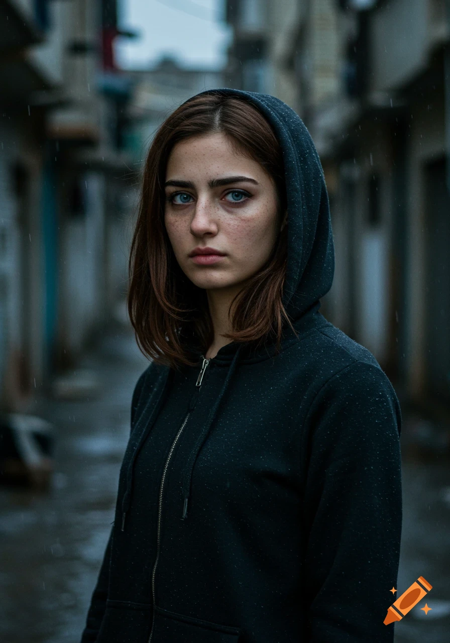Photorealistic portrait of a serious young woman in a dark hoodie standing in a rainy urban street.