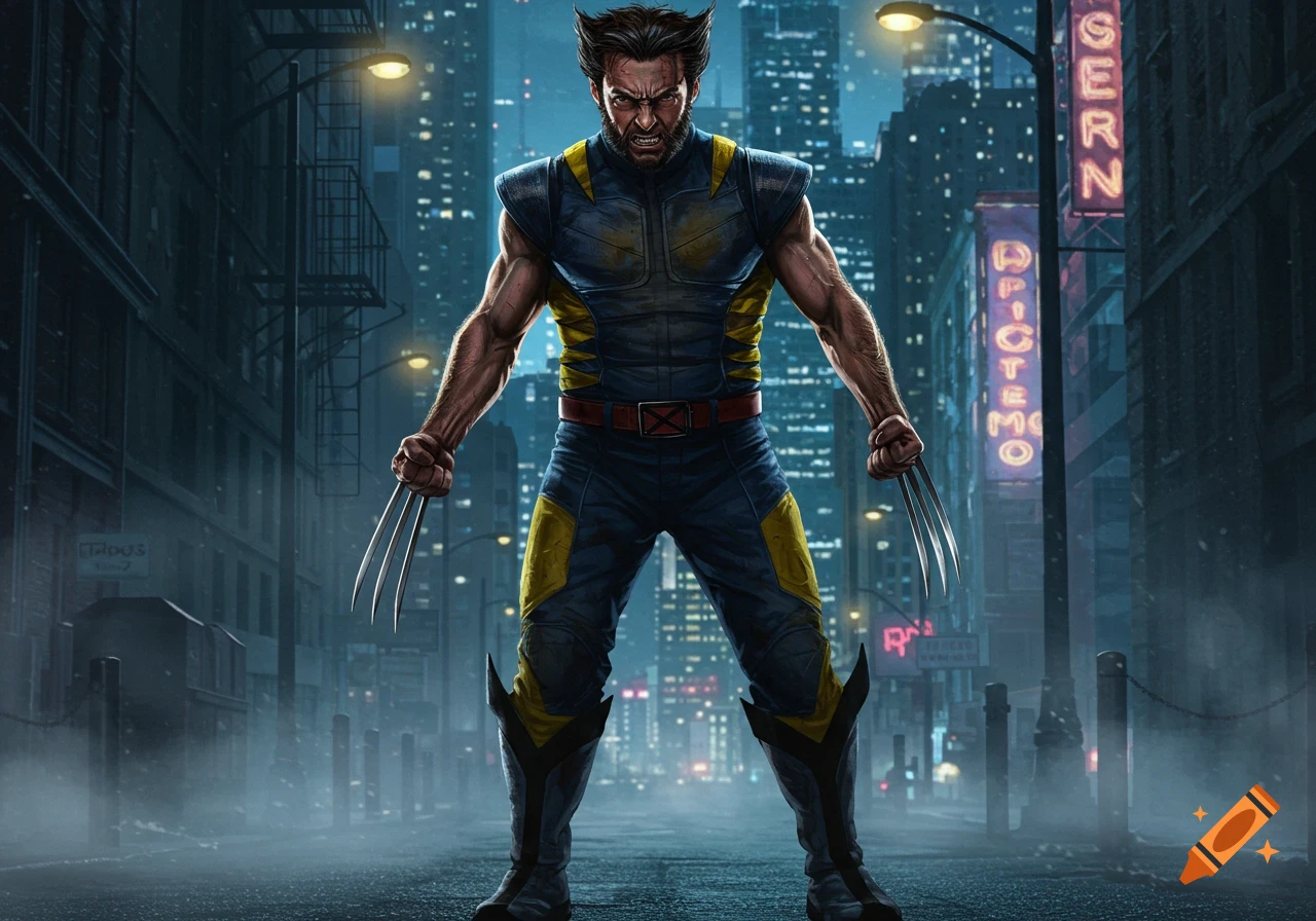 Wolverine stands in a dark, misty city street with claws extended, looking menacing.
