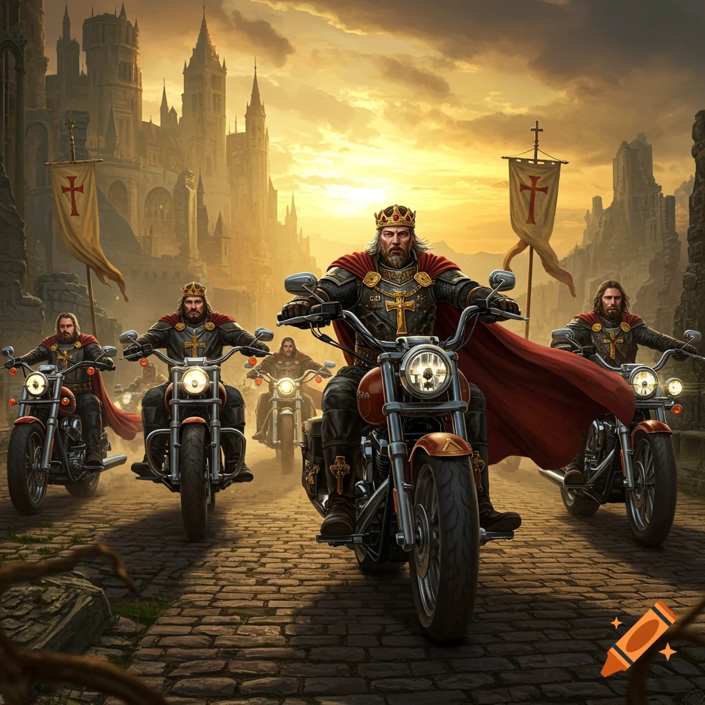 Medieval knights on motorcycles ride down a cobblestone street towards a large castle at sunset.