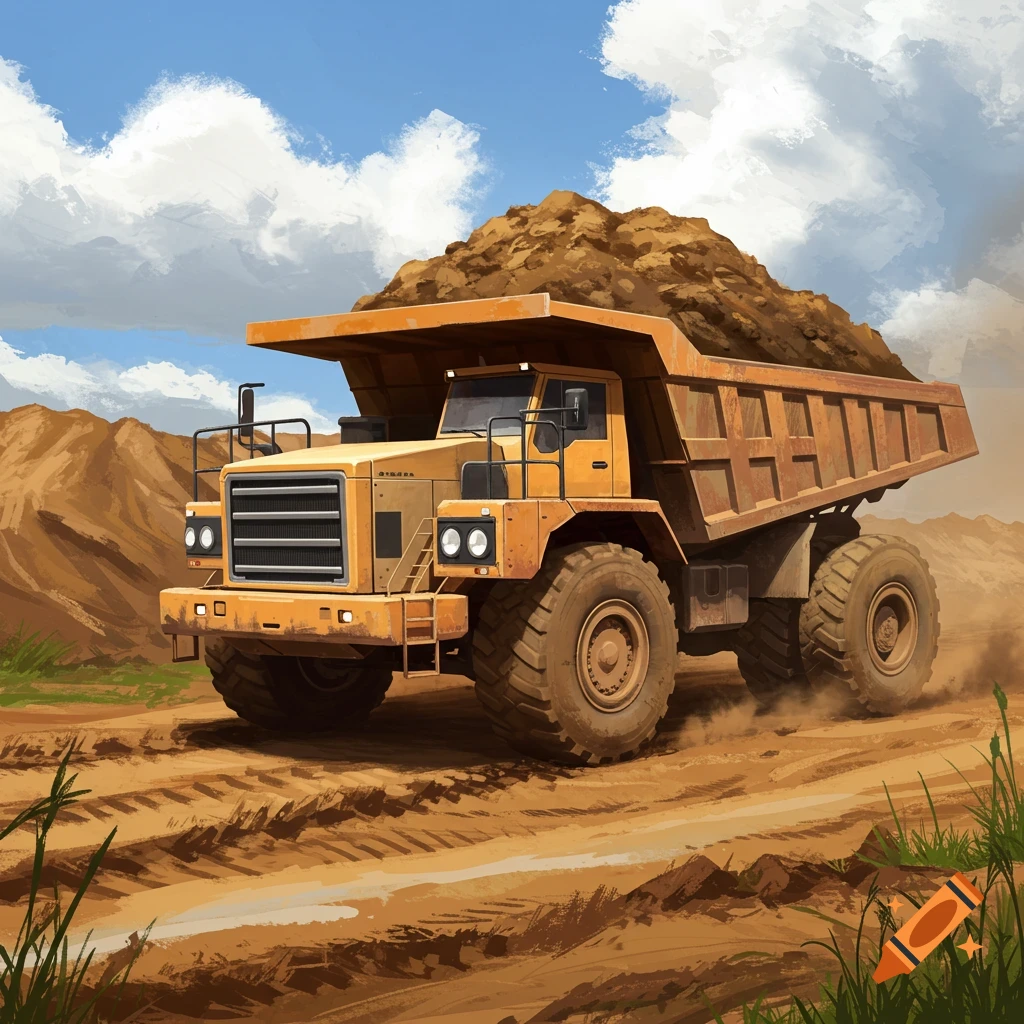 A large yellow dump truck filled with dirt drives on a muddy road at a construction site under a blue sky.