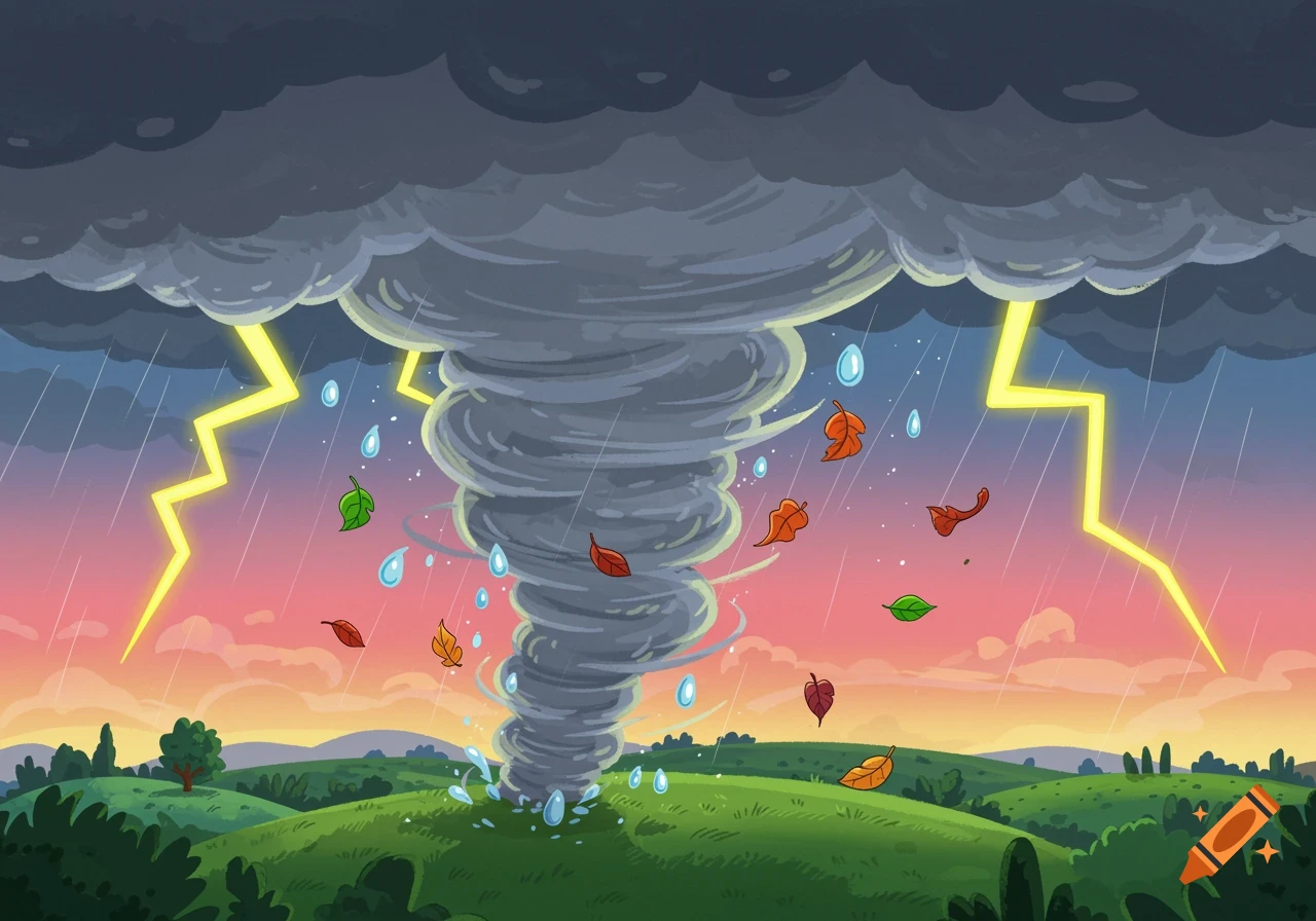 A colorful cartoon illustration of a large grey tornado with lightning, rain, and falling leaves over green hills at sunset.