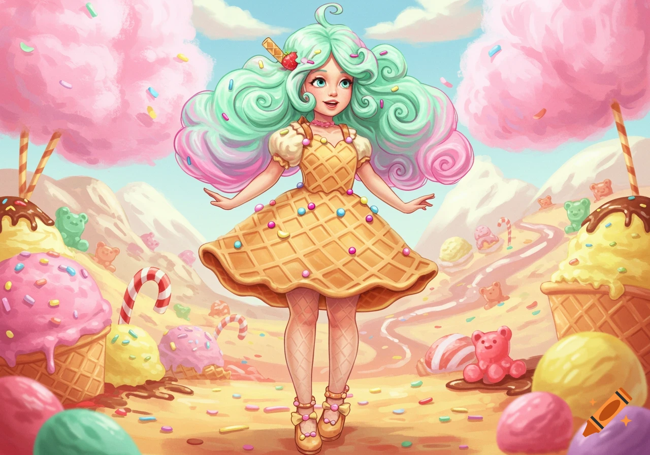 A whimsical girl with mint green and pink swirl hair and a waffle cone dress stands in a vibrant candy land with ice cream mountains and gummy bears.
