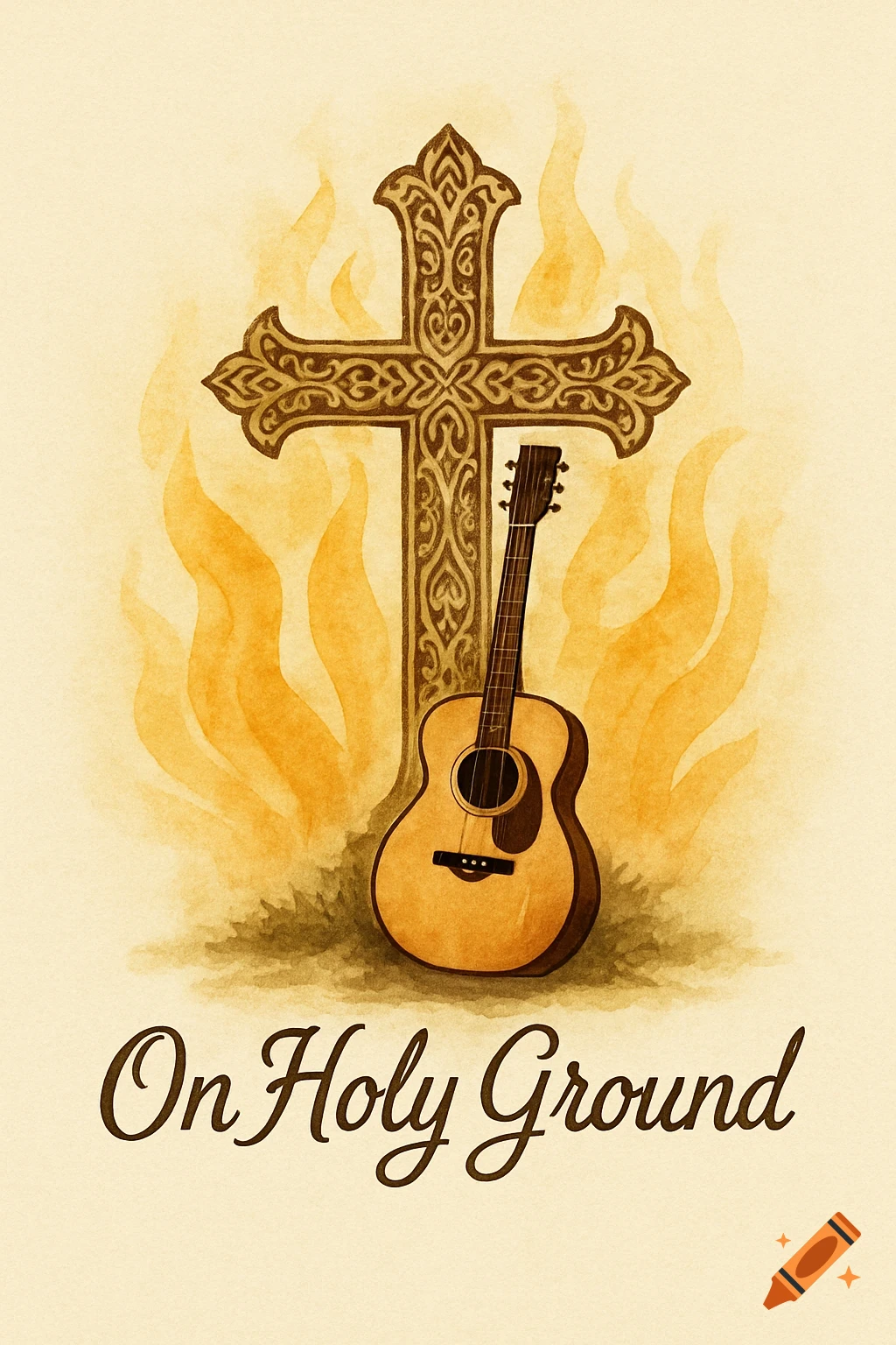 Watercolor illustration of an ornate cross with an acoustic guitar and flames, text reads 'On Holy Ground'.