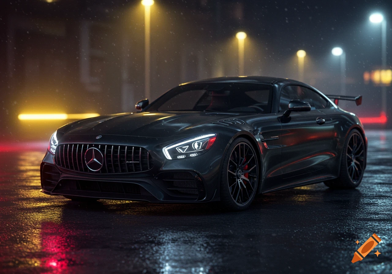 Dark Mercedes-AMG sports car parked on a wet road at night, illuminated by yellow and red streetlights.