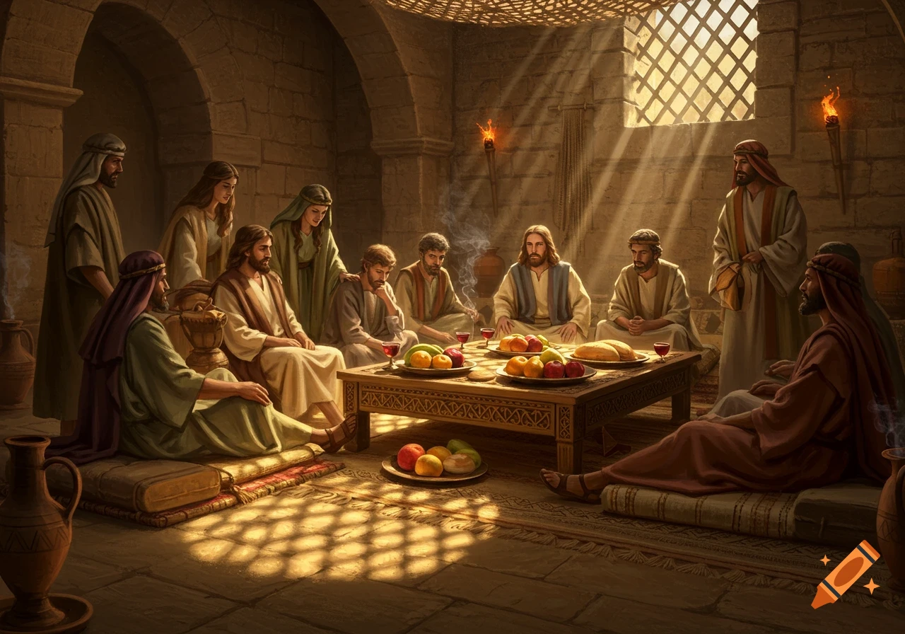Jesus and disciples recline at a table in a stone room bathed in sunlight, eating a meal in a detailed, classical painting.