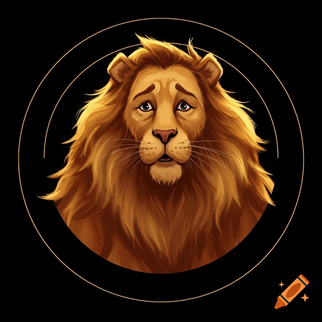 A stylized illustration of a sad-looking lion with a golden mane, set against a black background within a circular frame.