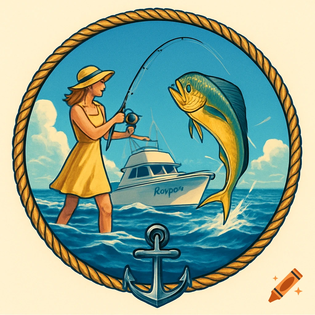 An illustration of a woman fishing for a mahi-mahi from a boat, encircled by a rope border with an anchor at the bottom.