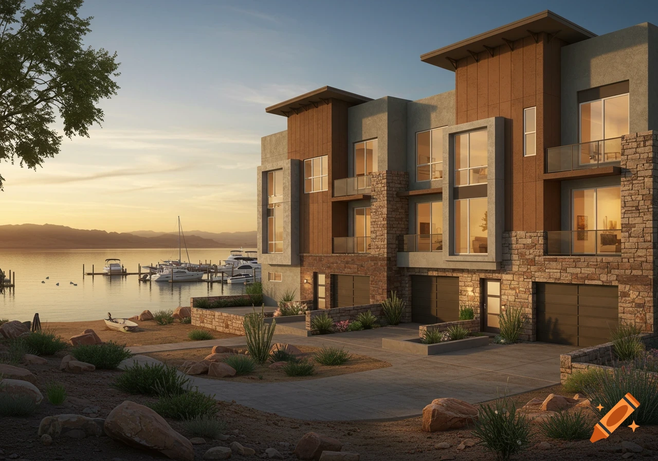 Modern three-story townhomes by a lake marina at sunset, with desert landscaping.