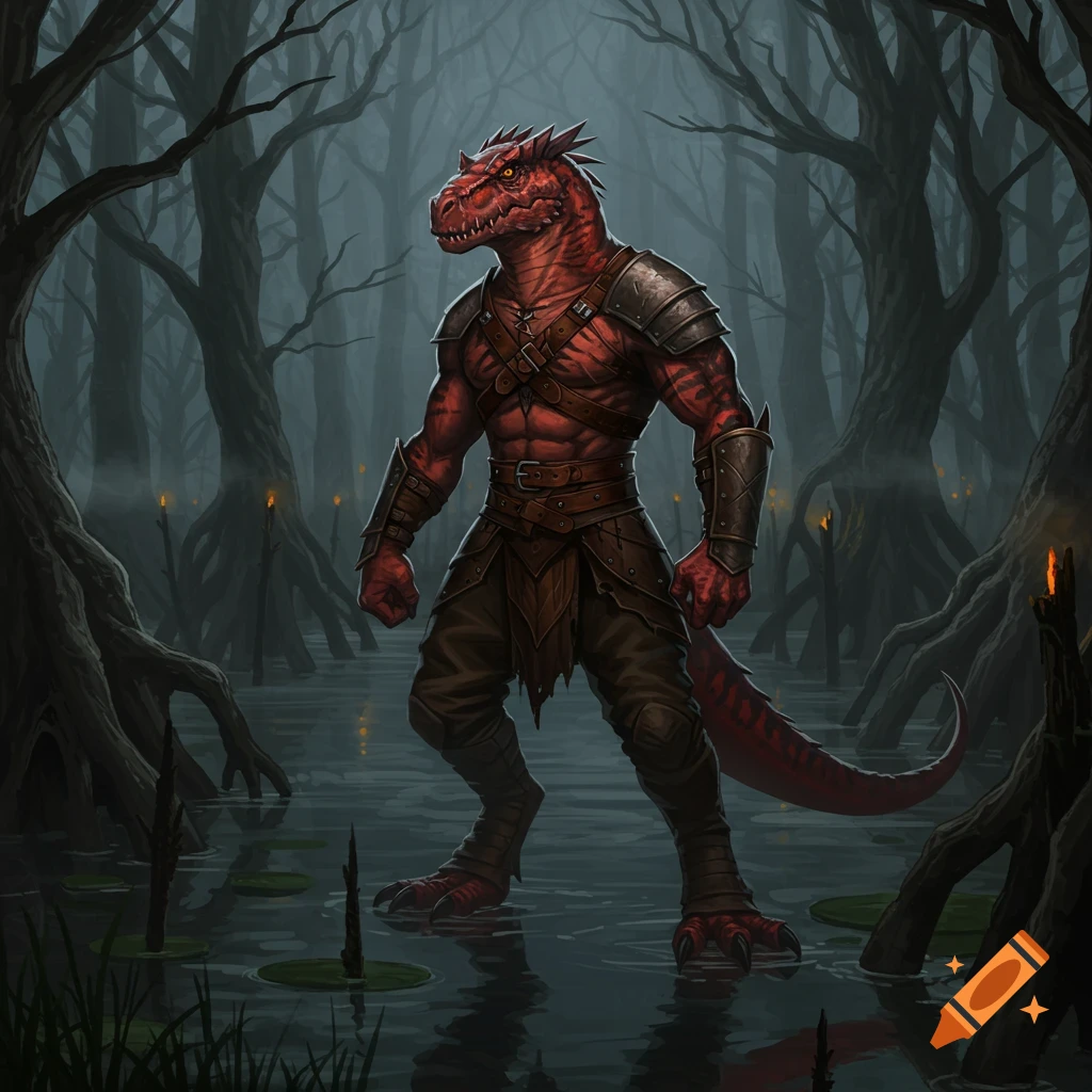 A red lizard folk warrior with T-Rex features and leather armor stands in a dark, foggy swamp.