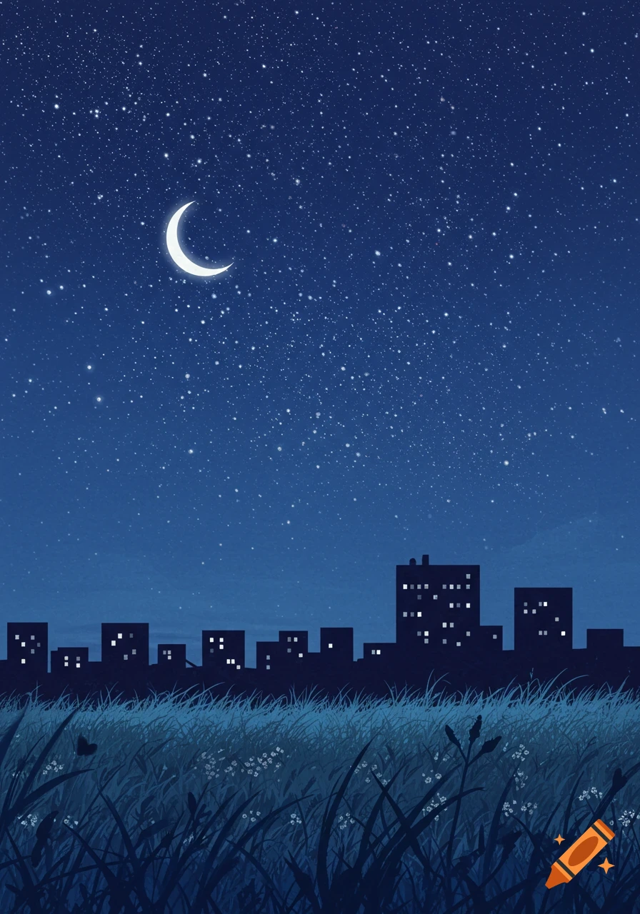 Illustration of a night sky with a crescent moon and stars above a city skyline and tall grass.