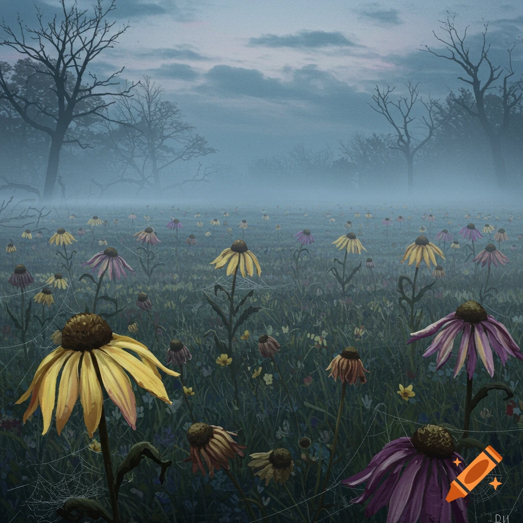 A misty field of yellow and purple coneflowers with bare trees under a cloudy sky.