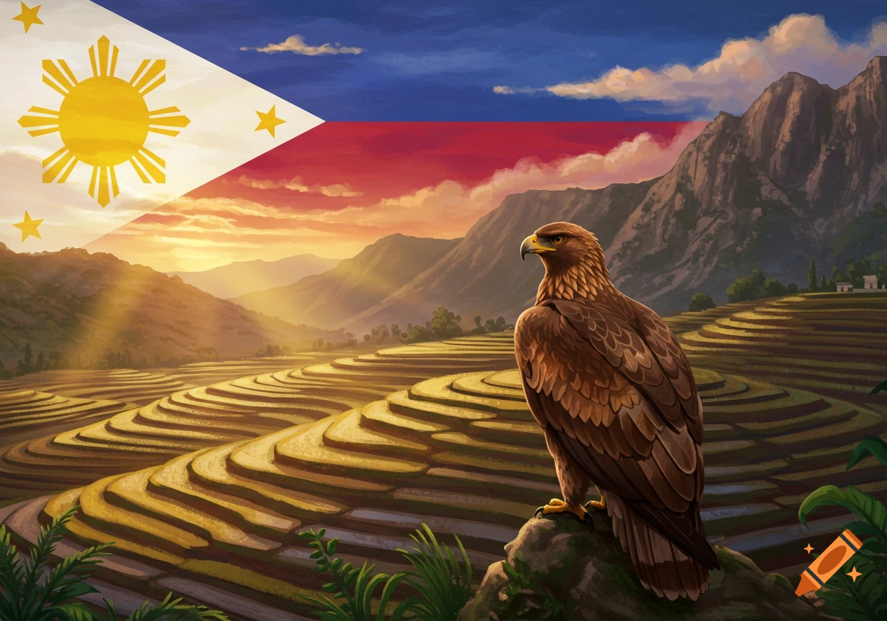 The Philippine flag overlaps a landscape with golden rice terraces and mountains at sunset, featuring an eagle perched on a rock.
