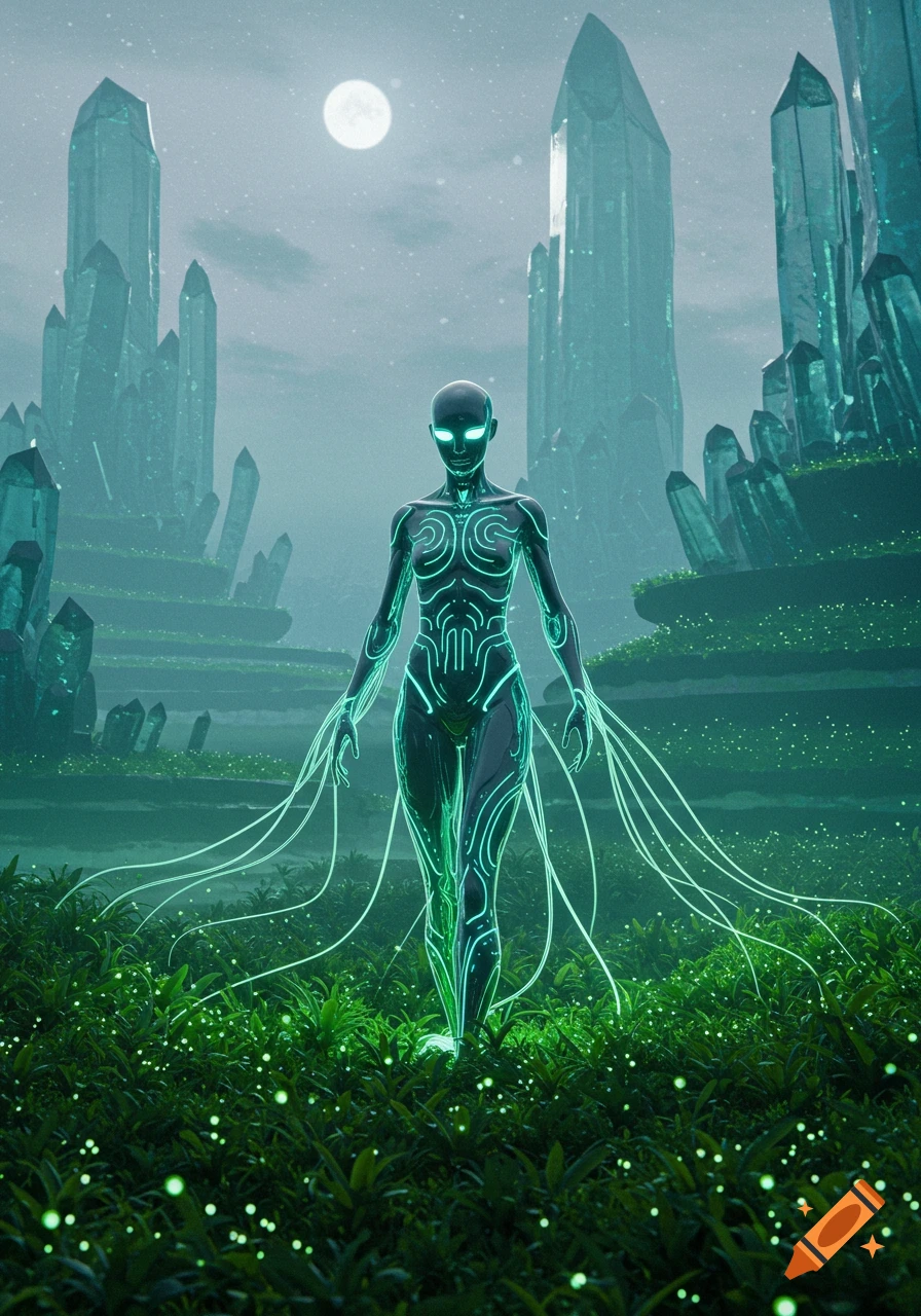 A glowing humanoid figure walks through a green, alien landscape with giant crystals under a full moon.