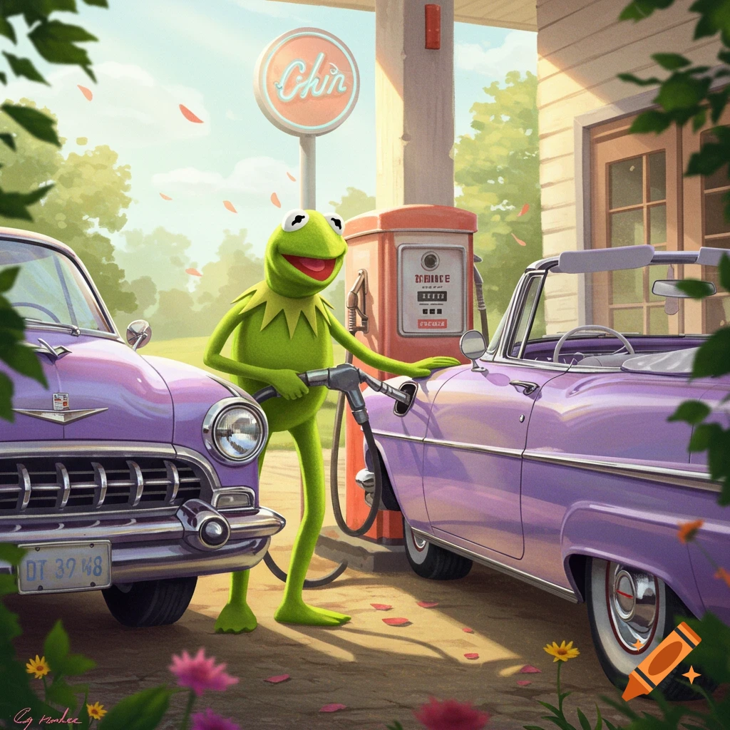 Kermit the Frog happily pumps gas into a purple vintage convertible at an old-fashioned gas station, with another purple car beside it.