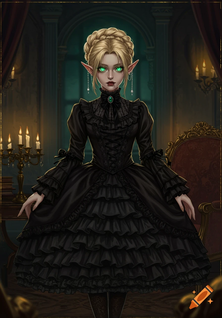 A full-body illustration of a gothic vampire girl with blonde hair, pointed ears, and glowing green eyes, wearing a black ruffled dress in an ornate parlor room.