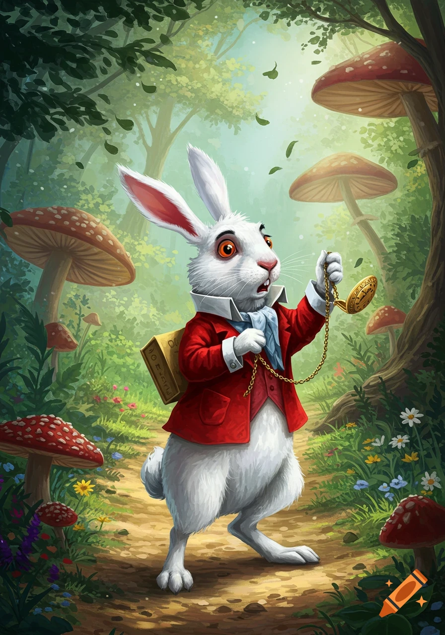 The White Rabbit from Alice in Wonderland stands in a whimsical forest, looking at a golden pocket watch with a surprised expression.