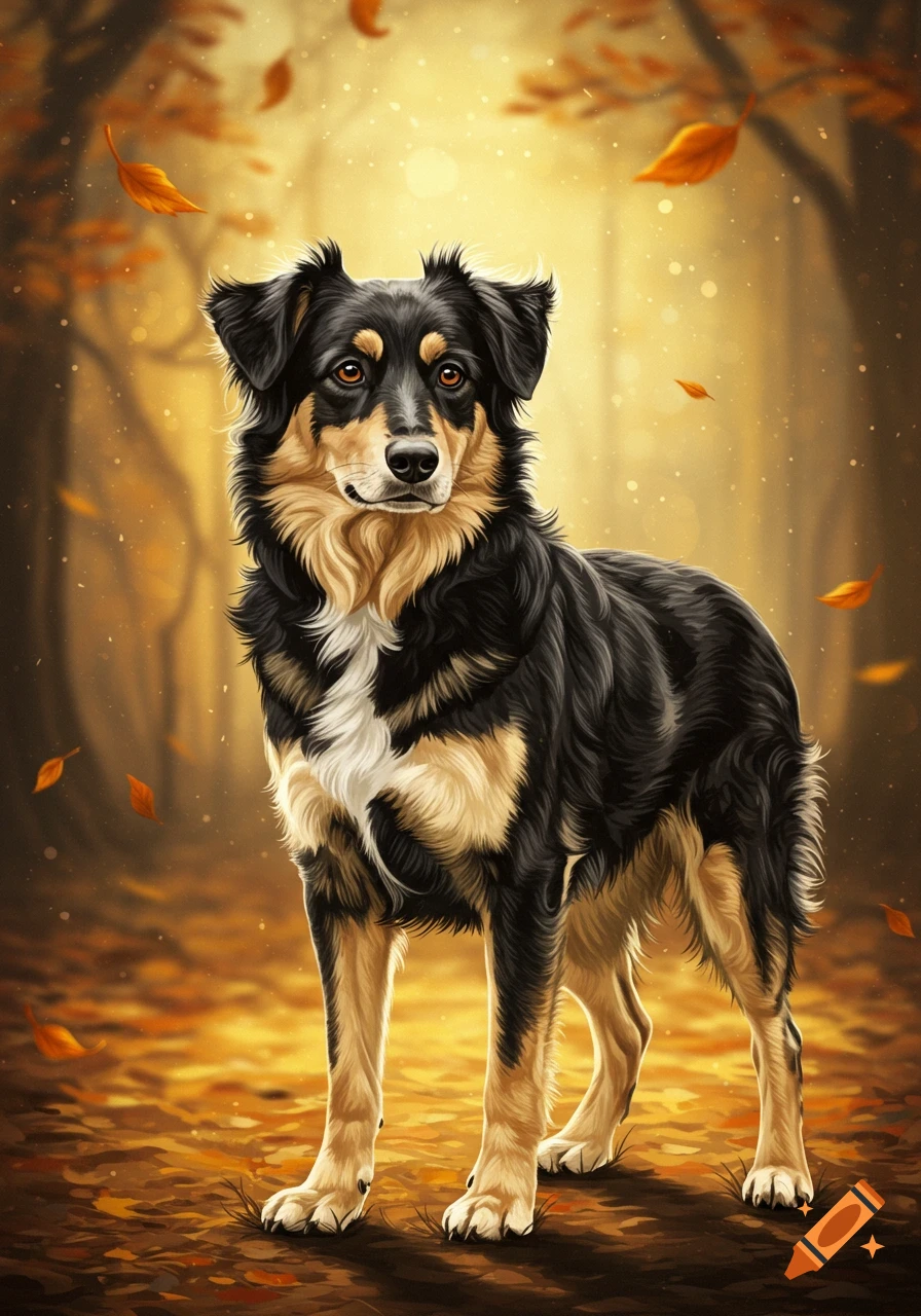A black, tan, and white dog resembling a German Shepherd Australian Shepherd  mix stands in an autumn forest with falling leaves. on Craiyon, image size:896x1280