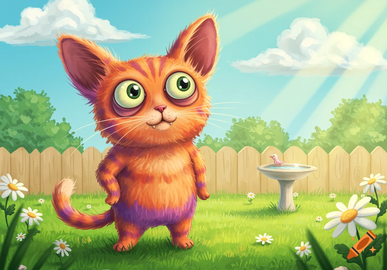 A vibrant, goofy orange and purple cartoon cat with large green eyes stands in a sunny garden with a wooden fence, daisies, and a bird bath.