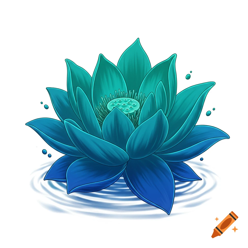 A vibrant blue and teal lotus flower with water ripples and droplets, in a stylized illustration.