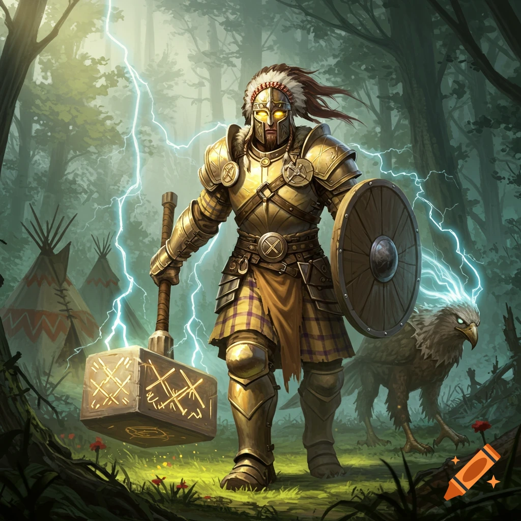A heavily armored warrior with a Native American inspired headdress and glowing eyes stands in a forest with a large, glowing hammer and a shield, accompanied by a thunder elemental eagle. Two teepees are visible in the background.