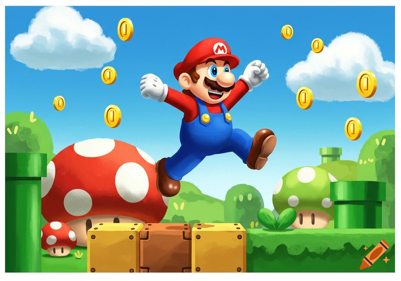 Mario jumps in a vibrant Super Mario Bros. landscape with green hills, red and green mushrooms, pipes, and golden coins.