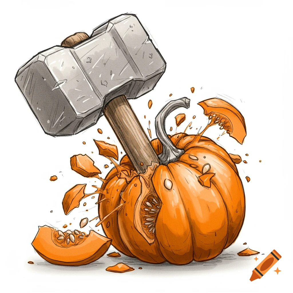 A sketch illustration of a large hammer smashing into an orange pumpkin, causing pieces and seeds to fly.