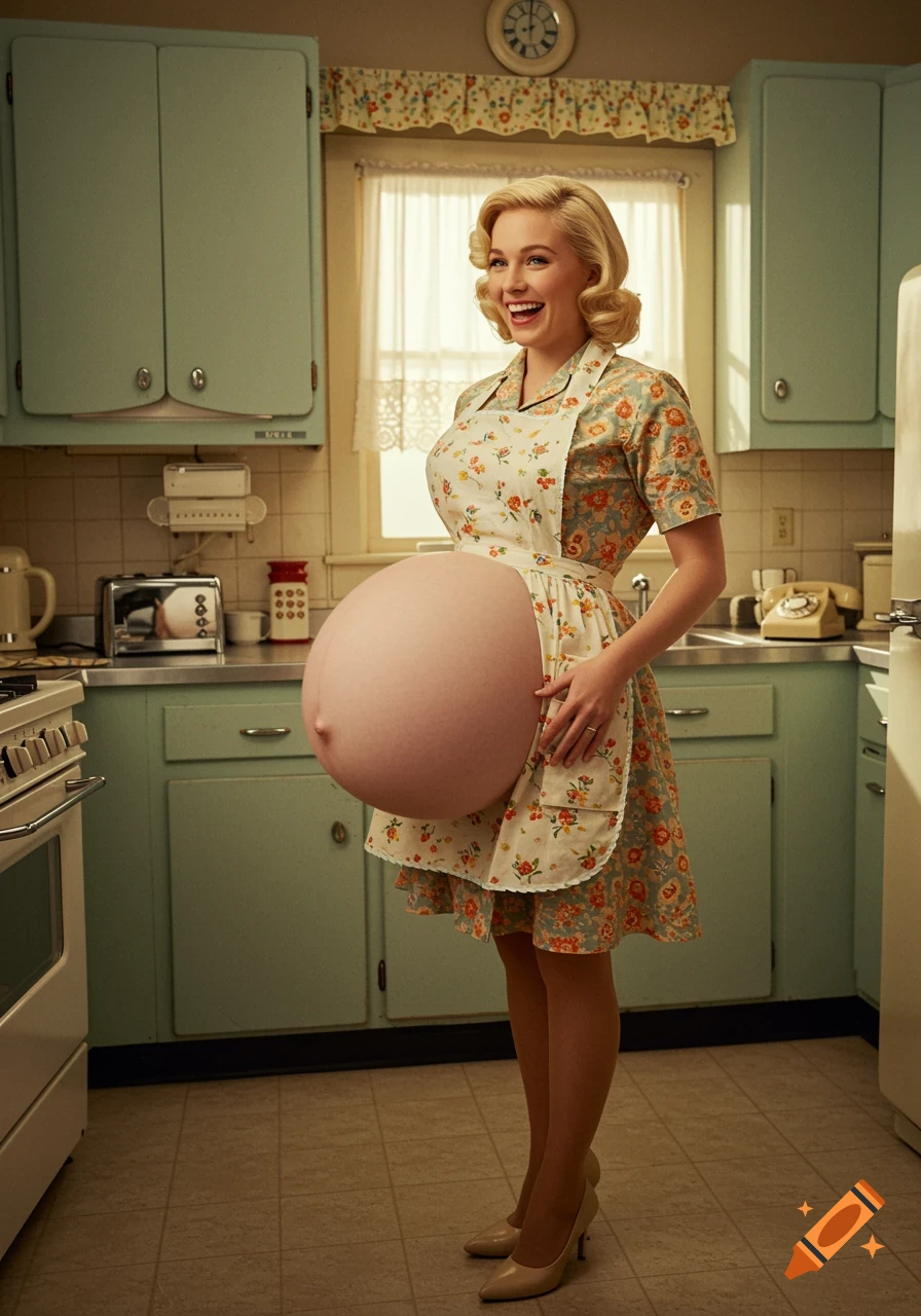 A smiling 1950s blonde housewife in a floral apron stands in a retro kitchen with an impossibly large, round belly.