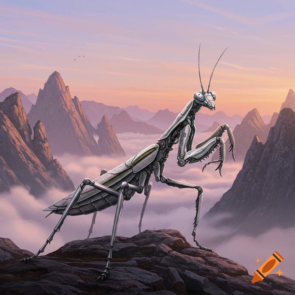 A detailed mechanical praying mantis stands on a rocky peak overlooking a misty mountain range at sunset.