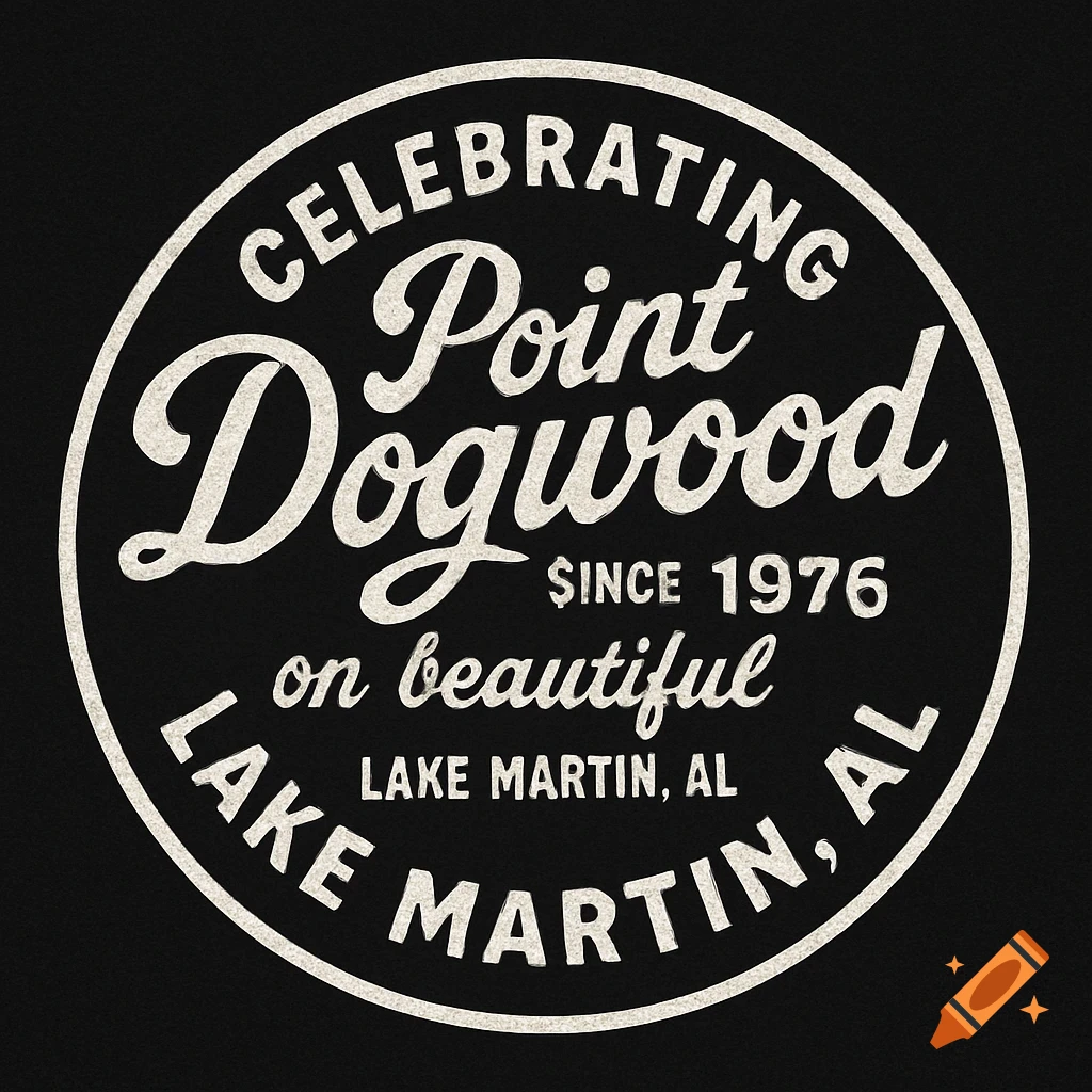 A black and white vintage-style circular logo for Point Dogwood on Lake Martin, AL, established 1976, with distressed texture.