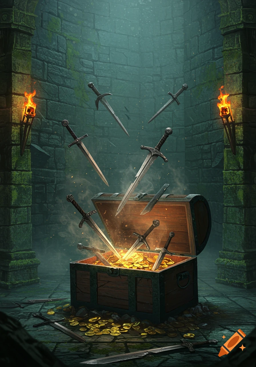 Swords fall into an open, glowing treasure chest filled with gold coins in a dark stone dungeon with torches.