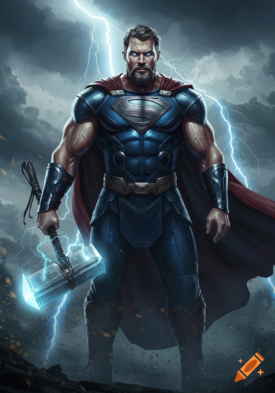 A muscular bearded man in blue armor with a Superman logo and red cape, holding a glowing hammer amidst a stormy sky with lightning.