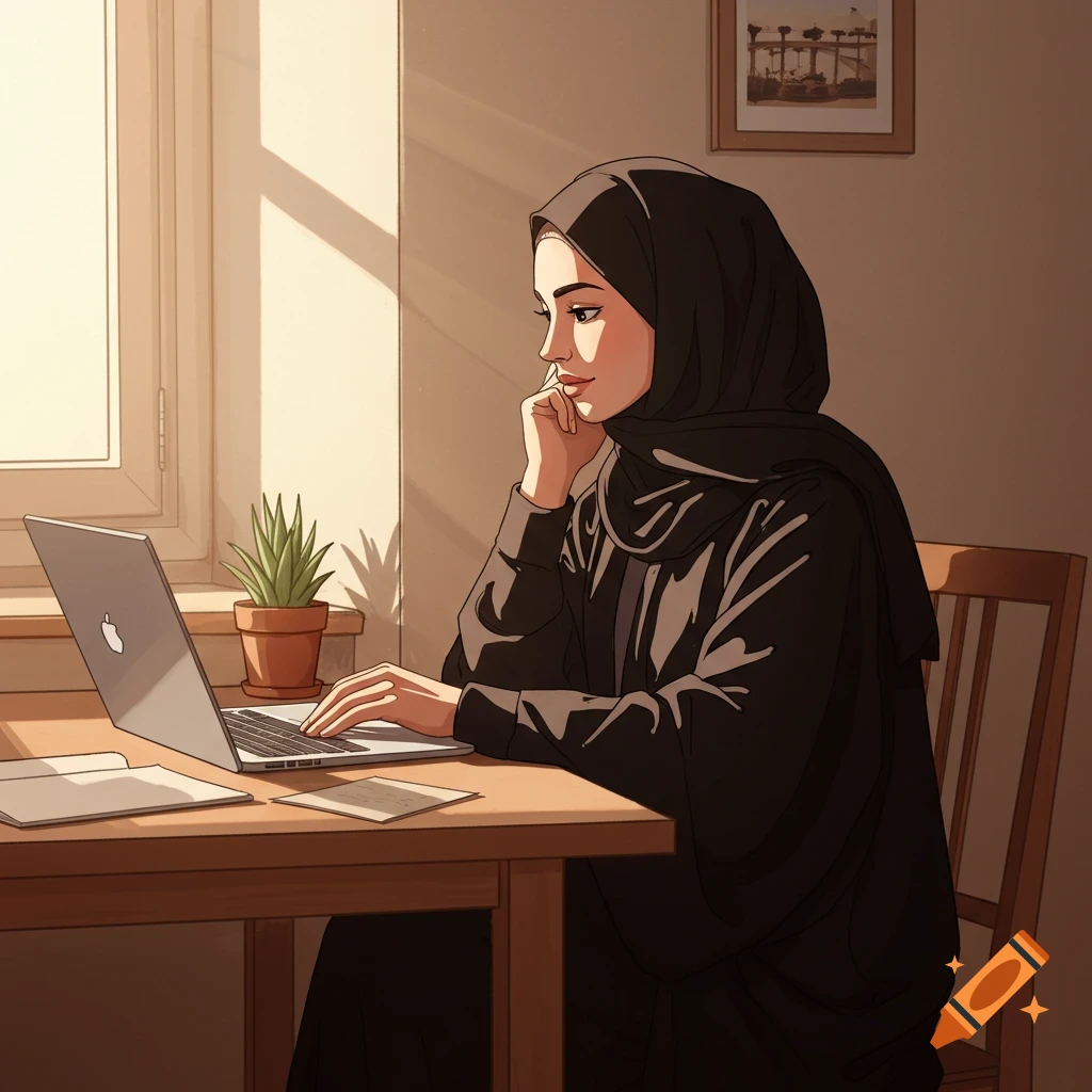 An anime-style illustration of a woman in a black hijab working on a laptop at a wooden desk, bathed in sunlight from a window.