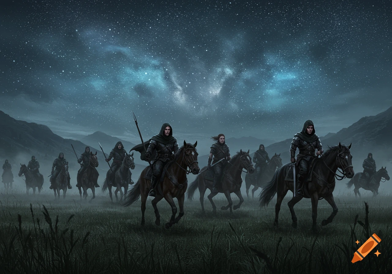 A group of cloaked figures rides horseback through a misty field under a dramatic, star-filled night sky with mountains in a fantasy illustration.