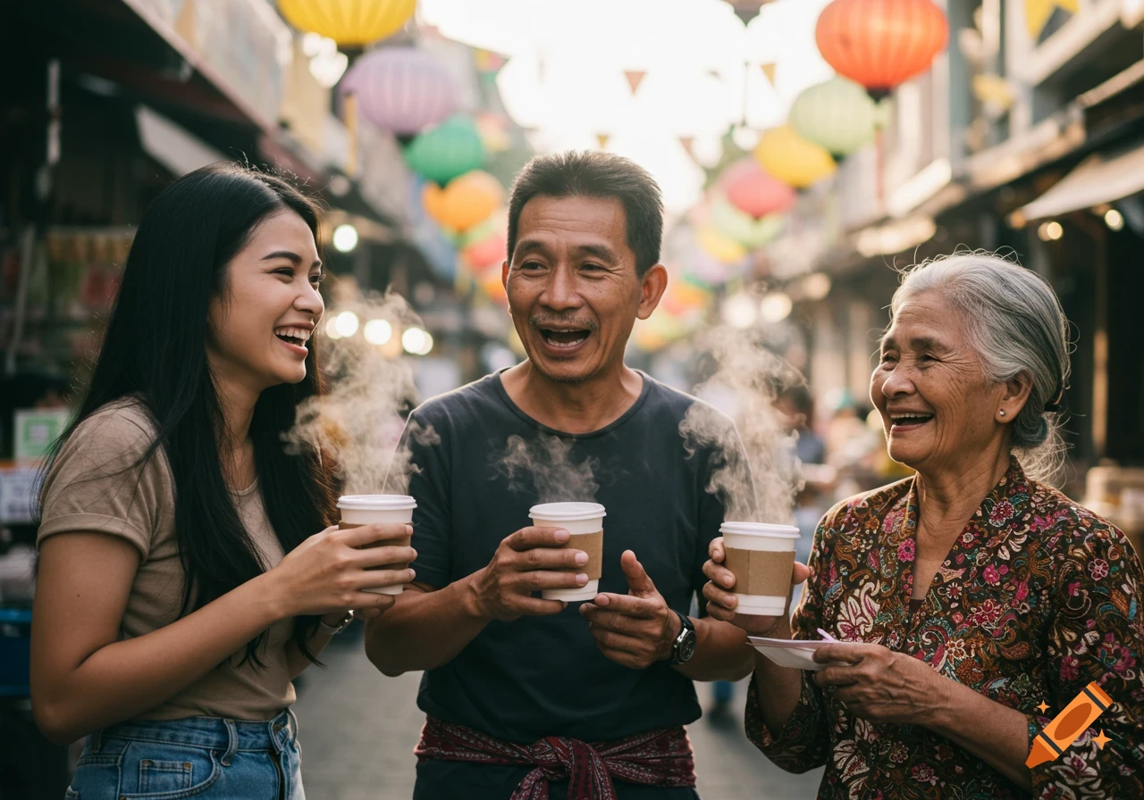 Three Southeast Asian people of different ages laughing and holding steaming coffee cups in a vibrant market street lined with lanterns.