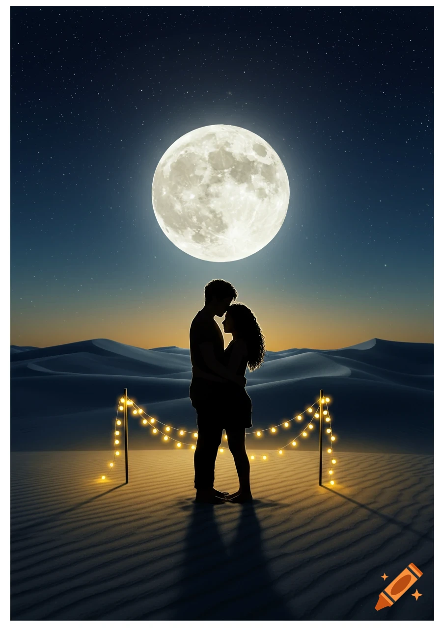 Silhouetted couple embracing under a large full moon in a starry desert landscape with string lights.