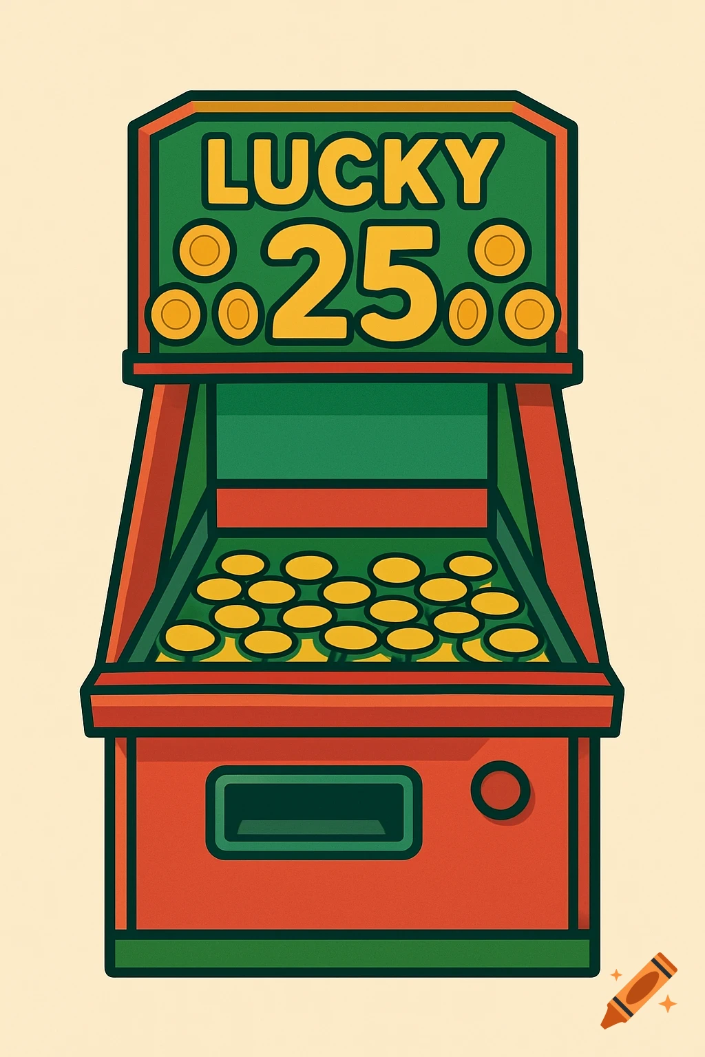 A stylized, colorful illustration of a red and green arcade coin pusher machine with "LUCKY 25" text and gold coins.