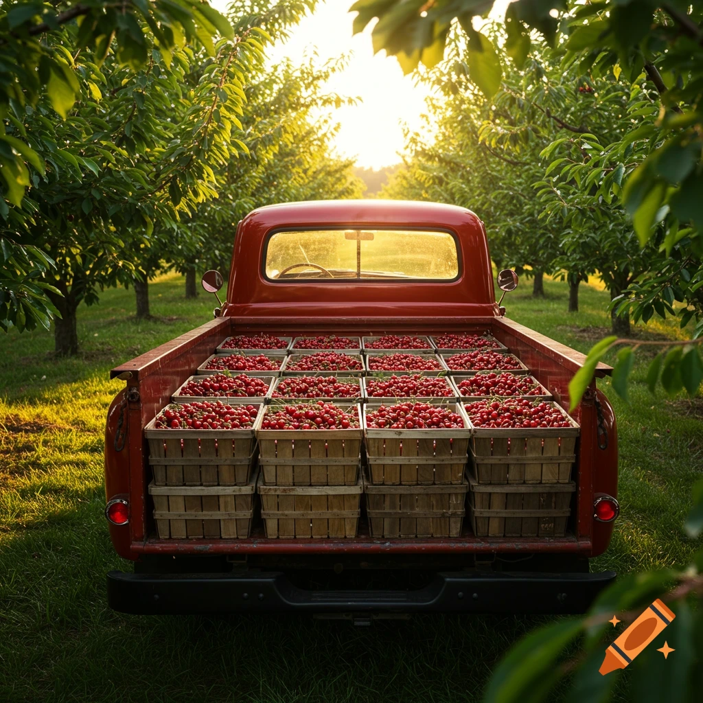 A photorealistic shot from behind a red vintage pickup truck, its bed filled with many crates of dark red cherries in a sunny orchard.