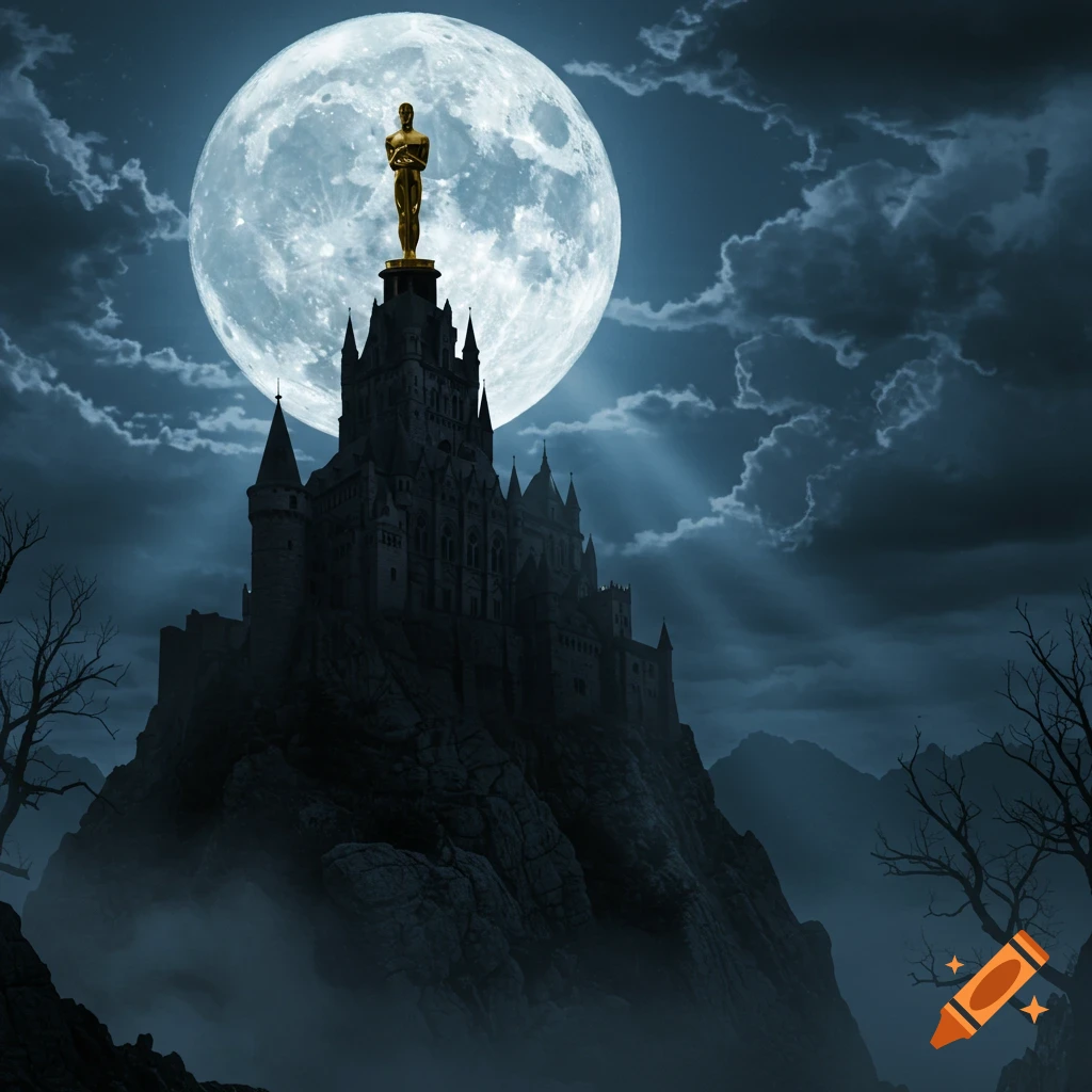 A dark, spooky castle stands on a rocky hill under a bright full moon, with an Oscar statue perched on its highest spire.