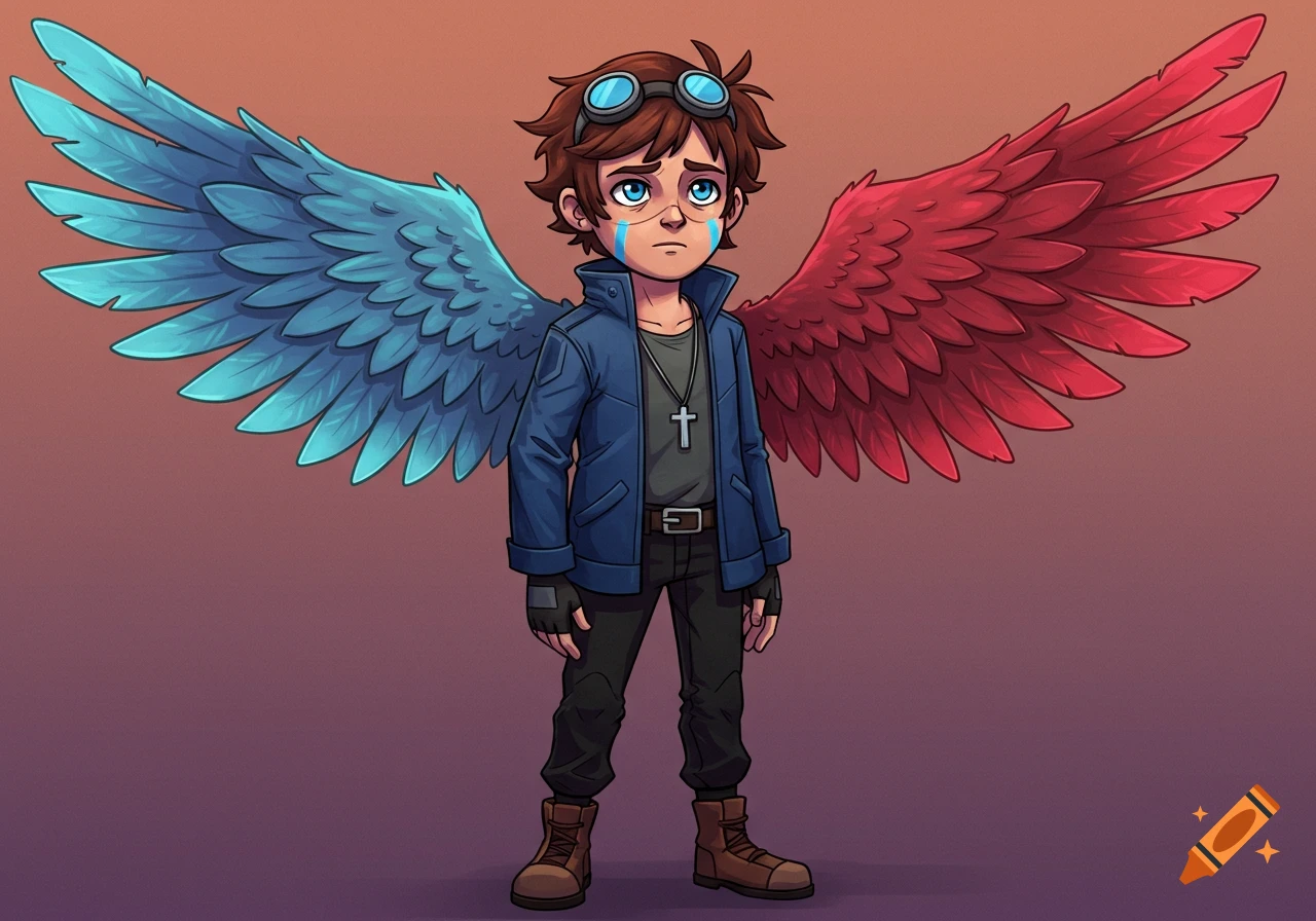 Cartoon character with sad expression, brown hair, goggles, and bicolored blue and red wings.