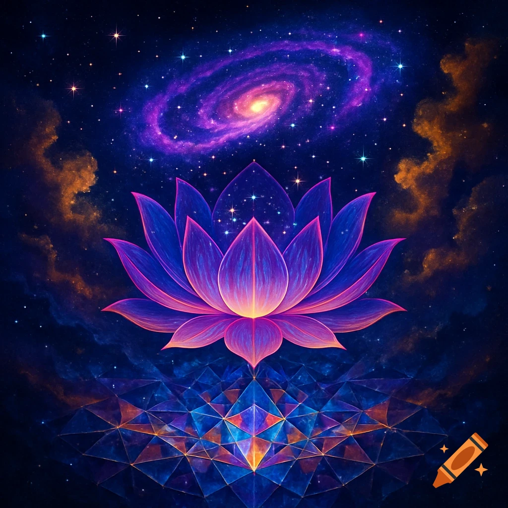 A vibrant, neon-glowing lotus flower against a dark cosmic background with a purple galaxy and sparkling stars.
