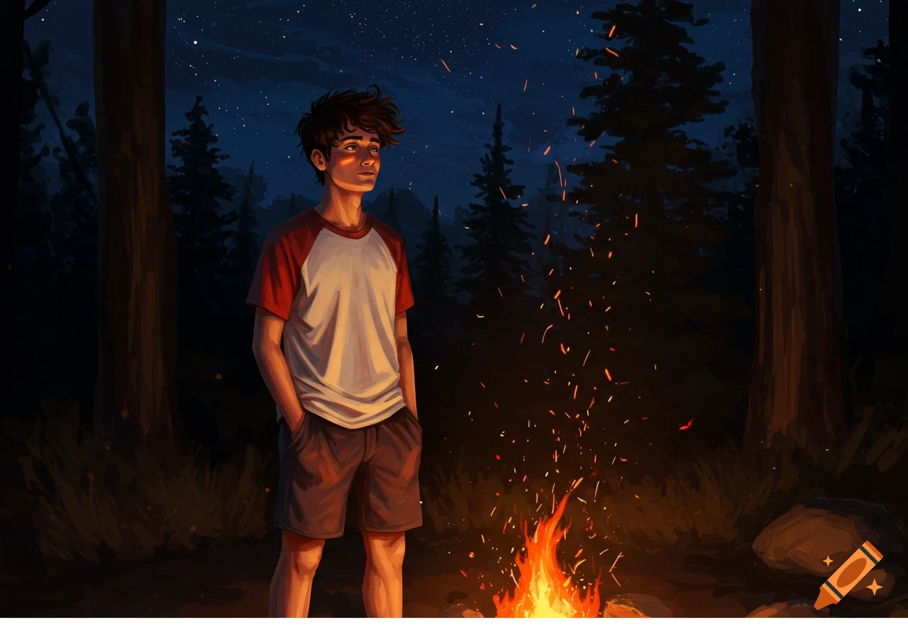 An illustrated young man in a red and white t-shirt and shorts stands by a roaring campfire in a dark forest at night.