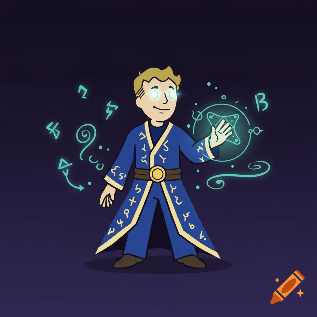 Cartoon Vault Boy dressed as a wizard, casting a glowing green spell with mystical symbols floating around him.