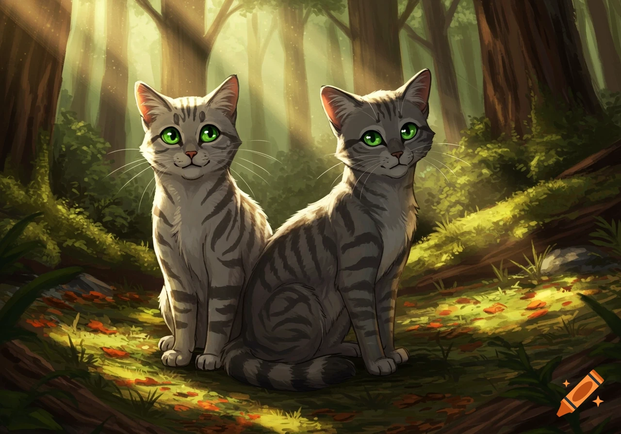 Two gray tabby cats with bright green eyes sit on a forest floor dappled with sunlight.