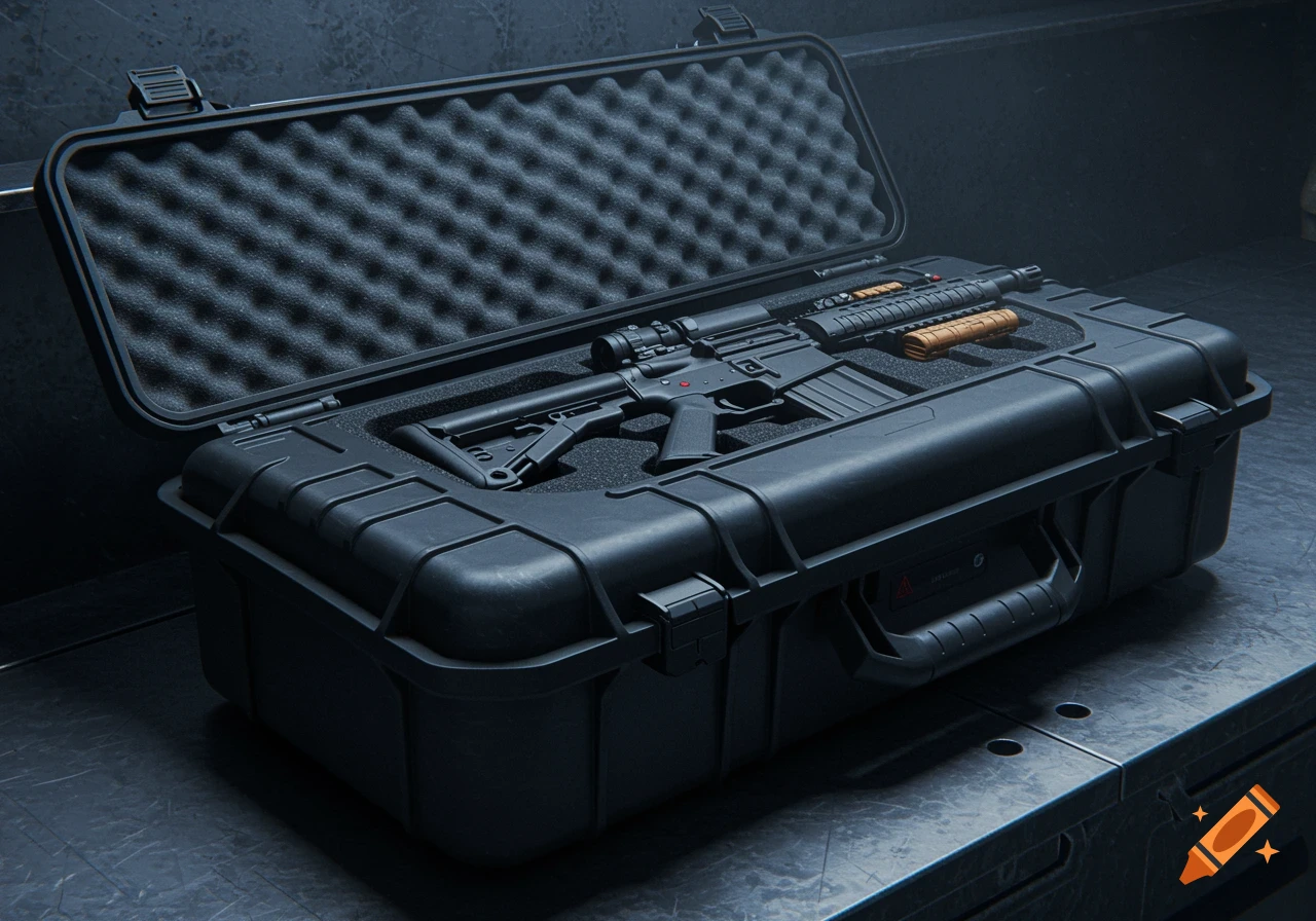 A black airsoft rifle with a scope inside an open black protective case with foam padding, on a dark metallic surface.