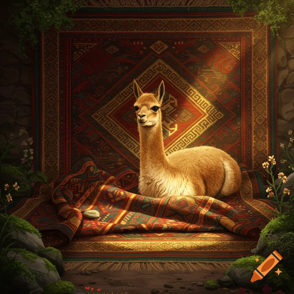 A realistic illustration of a brown vicu ja lying on an ornate red and gold rug in a lush, sunlit cave.