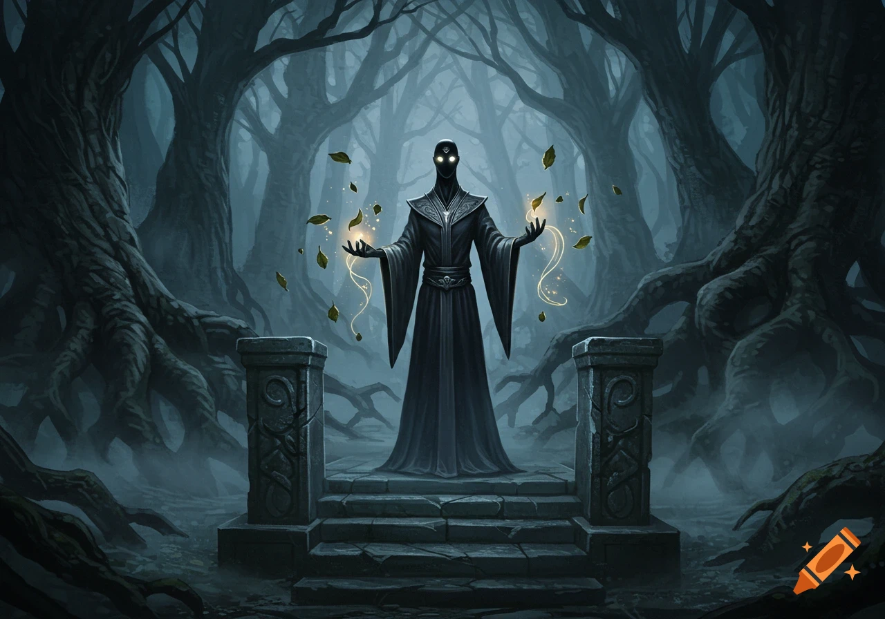 A dark robed figure with glowing eyes stands on a stone platform in a misty, gnarled forest, summoning glowing leaves.