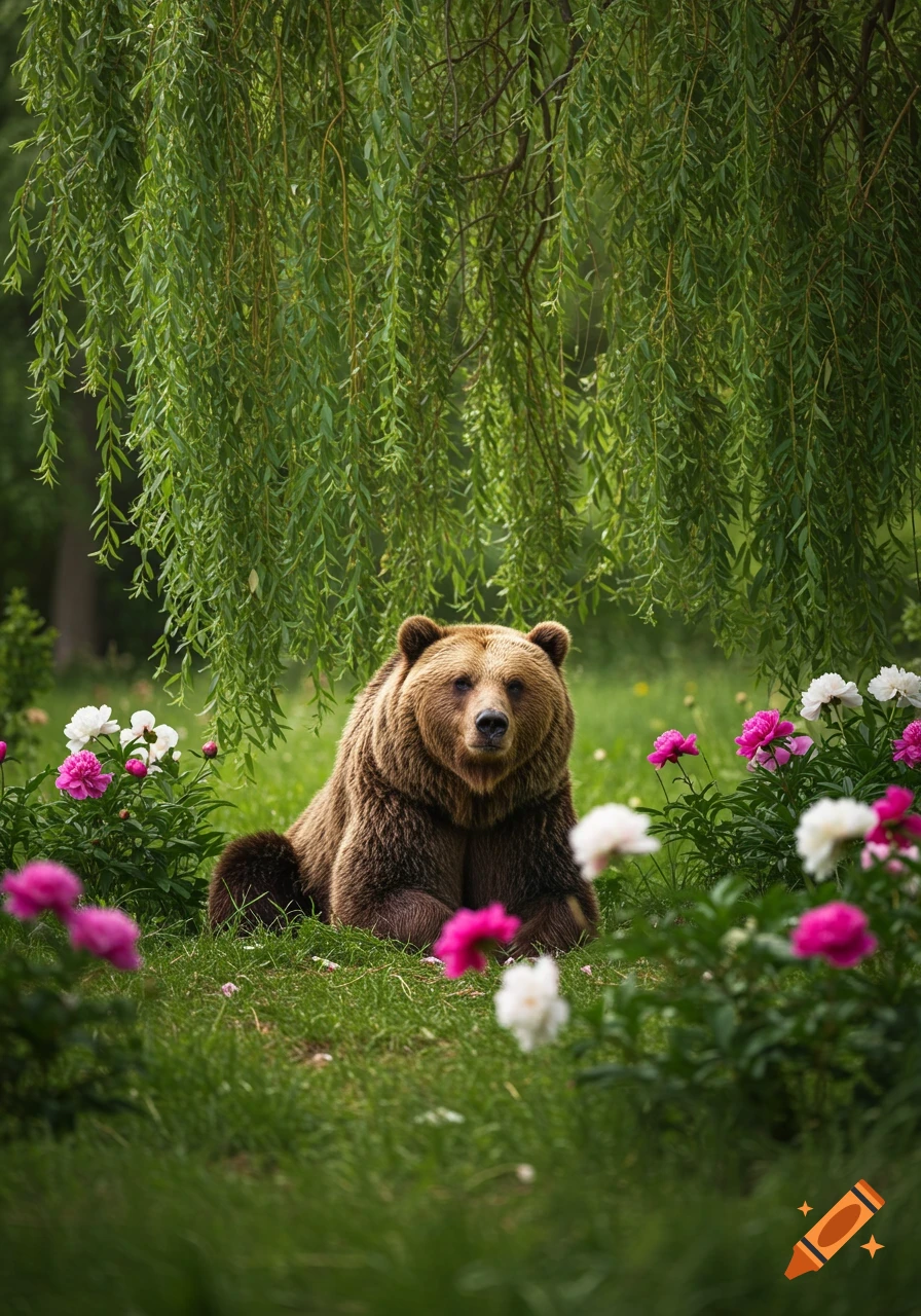 A photorealistic brown bear sits in a lush green meadow under a weeping willow tree, surrounded by vibrant pink and white peonies.