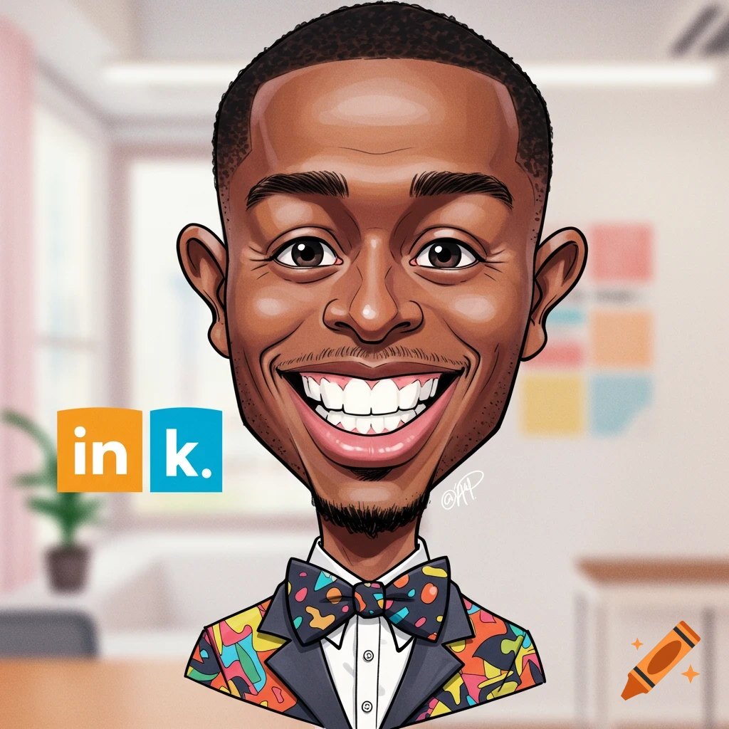 A colorful cartoon caricature portrait of a smiling Black man with a big head, small goatee, short hair, wearing a patterned bowtie and jacket. A logo with the text "ink." is on the left.