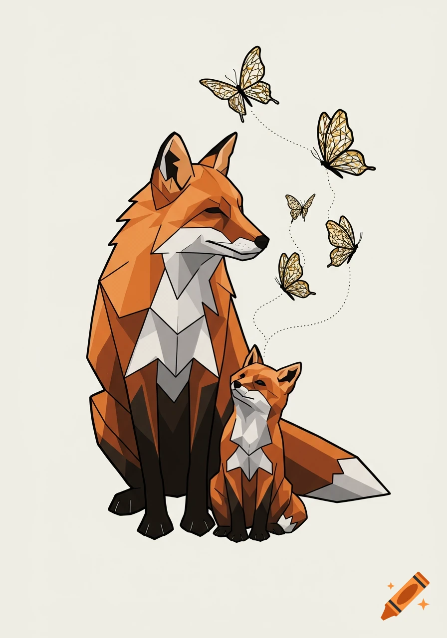 Geometric illustration of a mother fox and baby fox with several butterflies in flight.