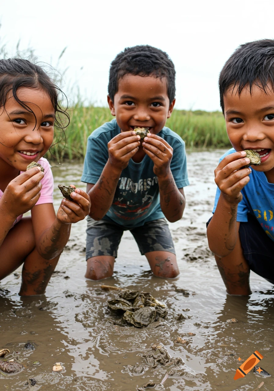 Three smiling children squatting in mud, holding and eating oysters in an outdoor marshy area.
